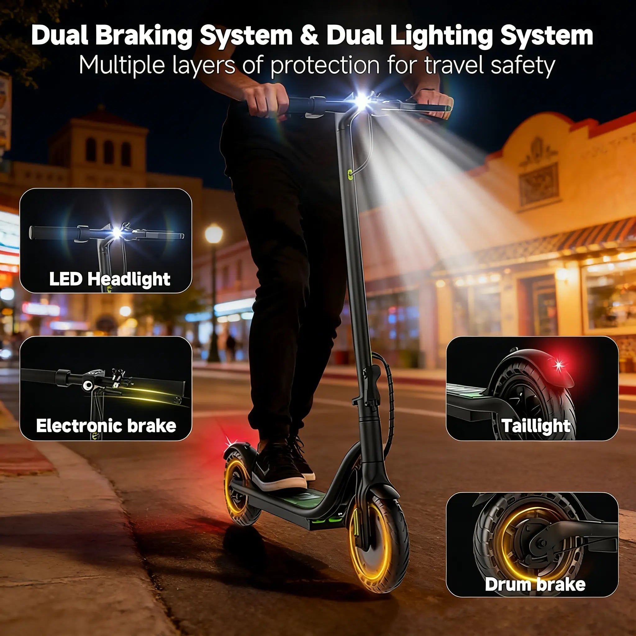 Safe Adult Urban Commuter Electric Scooter with 350W Motor, 19MPH Top Speed, 8.5" Solid Anti-Puncture Tires, Double Braking System, App Control