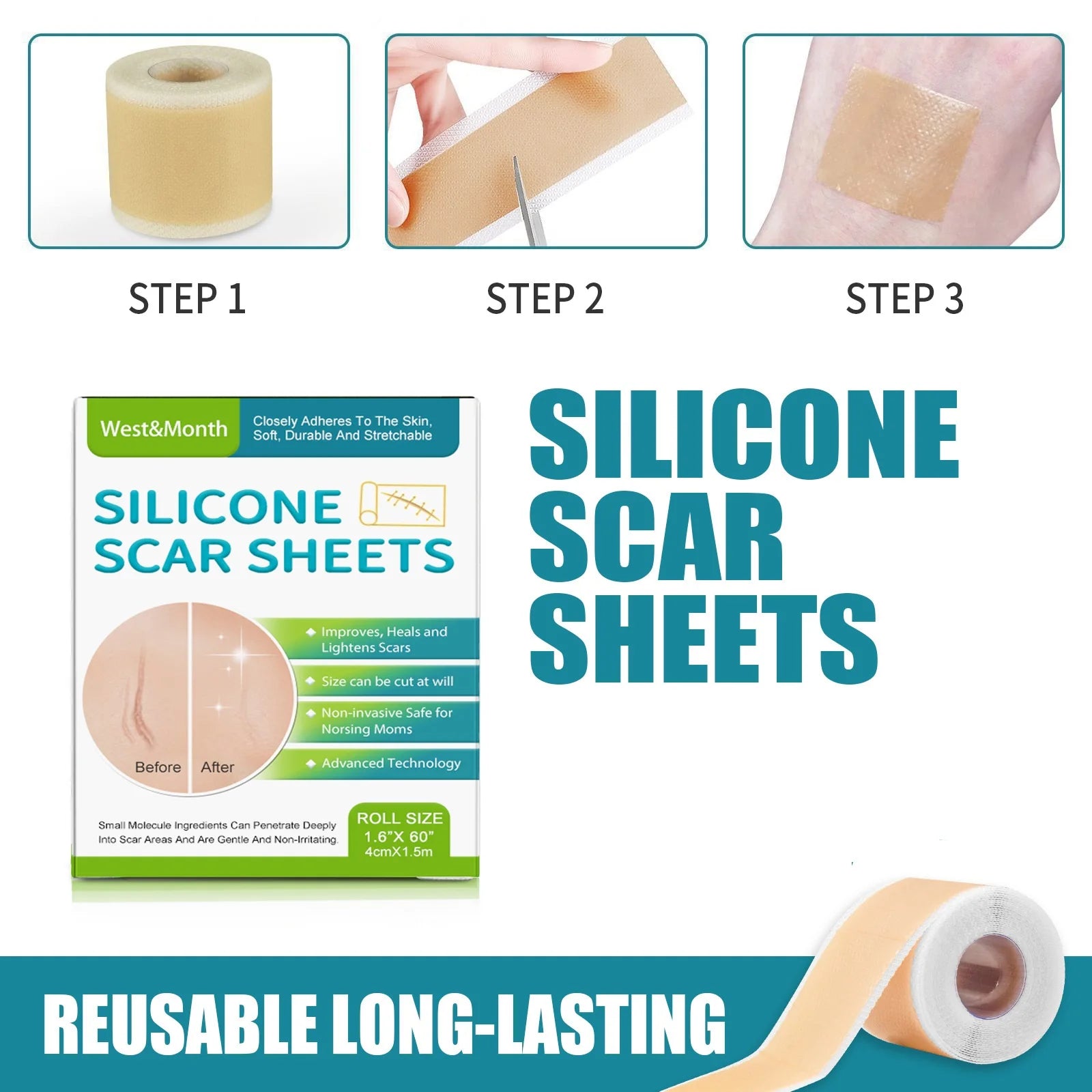Step-by-step instructions for using West and Month silicone scar sheets, showing application to skin with reusable, long-lasting tape roll.