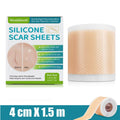 Roll of skin-toned medical silicone scar sheets with measurements showing 4cm by 1.5m.